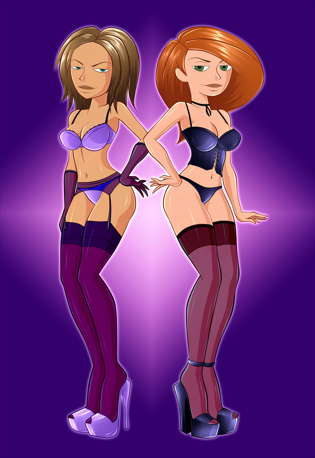 2girls, bonnie rockwaller, bra, breasts, brown hair, bustier, disney, disney channel, female, female only, garter straps, ginger, green eyes, hourglass figure, human, kim possible, kimberly ann possible, light skin, light-skinned female, lingerie, medium breasts, multiple females, panties, platform heels, tan-skinned female, teal eyes, thighhighs, white female, zfive
