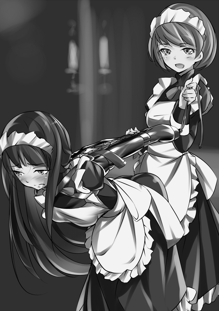 2girls armbinder bondage female impossible_clothing maid maimai11 mono_glove monochrome multiple_girls slave yuri