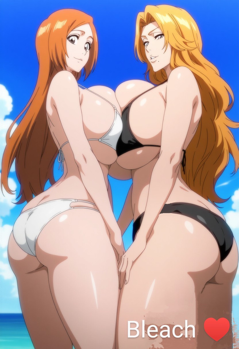 ai generated, ass, ass focus, beach, big ass, big breasts, black bikini, bleach, blonde female, blonde hair, breasts, breasts squeezed together, duo, female, female only, huge breasts, inoue orihime, light-skinned female, looking at viewer, looking back, matsumoto rangiku, multiple girls, ocean, orange hair, orange hair female, smile, white bikini
