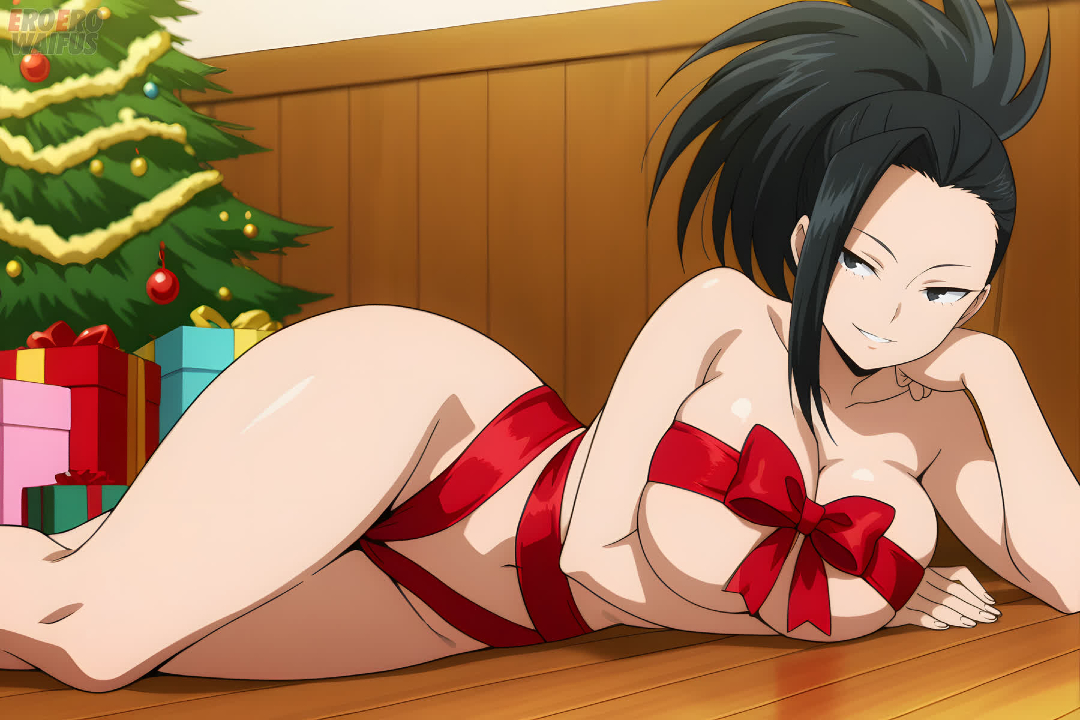ai generated, asian, asian female, bare thighs, black eyes, black hair, boku no hero academia, christmas, eroero waifus, gift wrapped, gigantic breasts, huge breasts, huge thighs, light skin, light-skinned female, looking at viewer, massive breasts, momo yaoyorozu, my hero academia, ponytail, smiling, solo female, squatting, sweat, sweatdrop, thick body, thick female, thick thighs, thighs, voluptuous, voluptuous female, wrapped