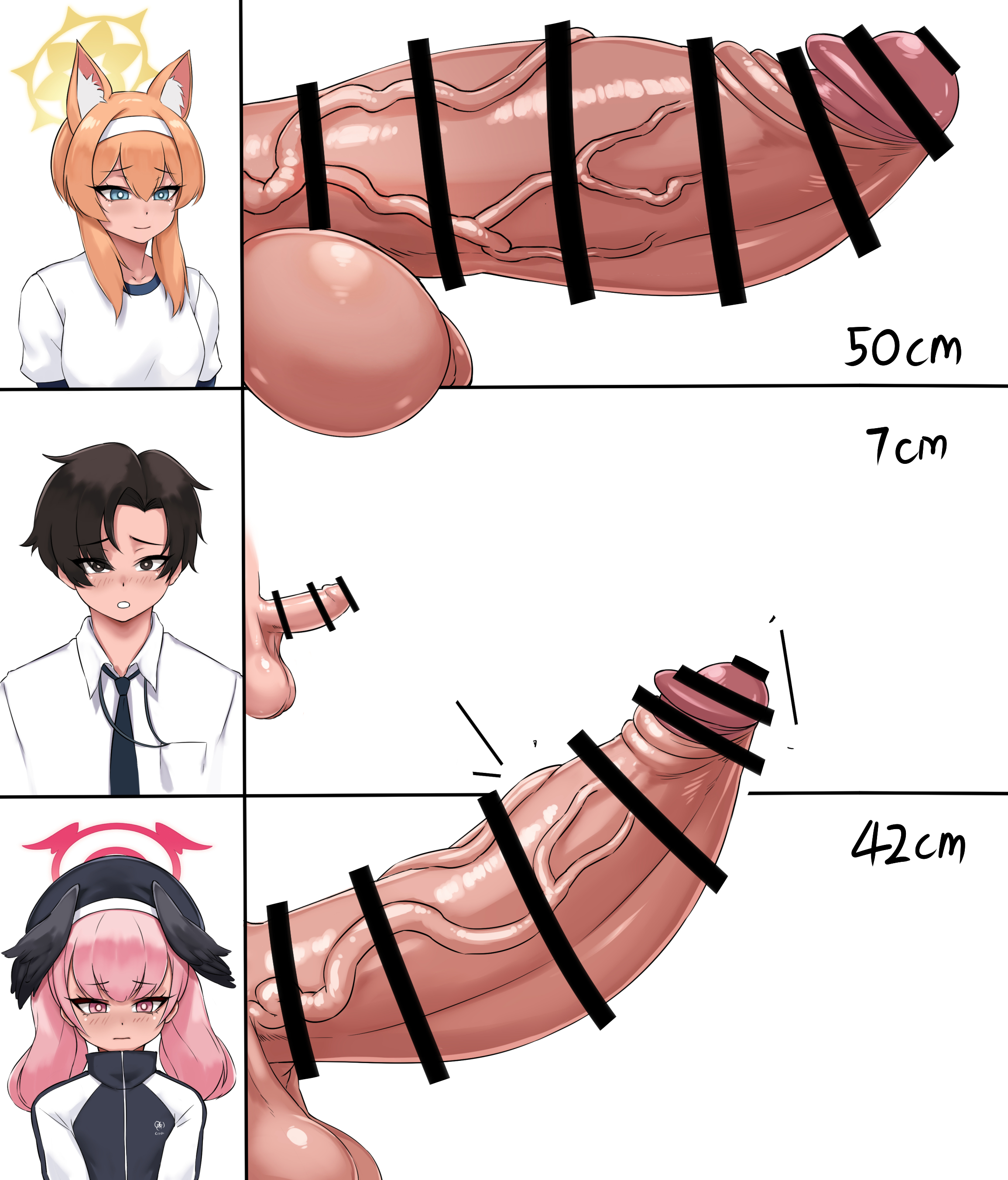 1boy, 2futas, 2girls, bar censor, big balls, big penis, blue archive, censored, cock size difference, futa is bigger, futadom, futanari, huge balls, huge cock, intersex, koharu (blue archive), mari (blue archive), micro penis, penis, penis chart, penis size chart, penis size comparison, penis size difference, pink hair, precum, sensei (blue archive), small penis, tatatama