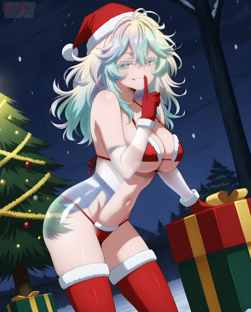 1girls, ai generated, bare thighs, big breasts, bikini, boku no hero academia, christmas, eroero waifus, gift box, green eyes, green-haired female, huge breasts, huge thighs, light skin, light-skinned female, long hair, looking at viewer, massive breasts, multicolored hair, my hero academia, santa hat, smiling, solo female, squatting, sweat, sweatdrop, thick body, thick female, thick thighs, thighs, tooru hagakure, tooru hagakure (visible), voluptuous, voluptuous female