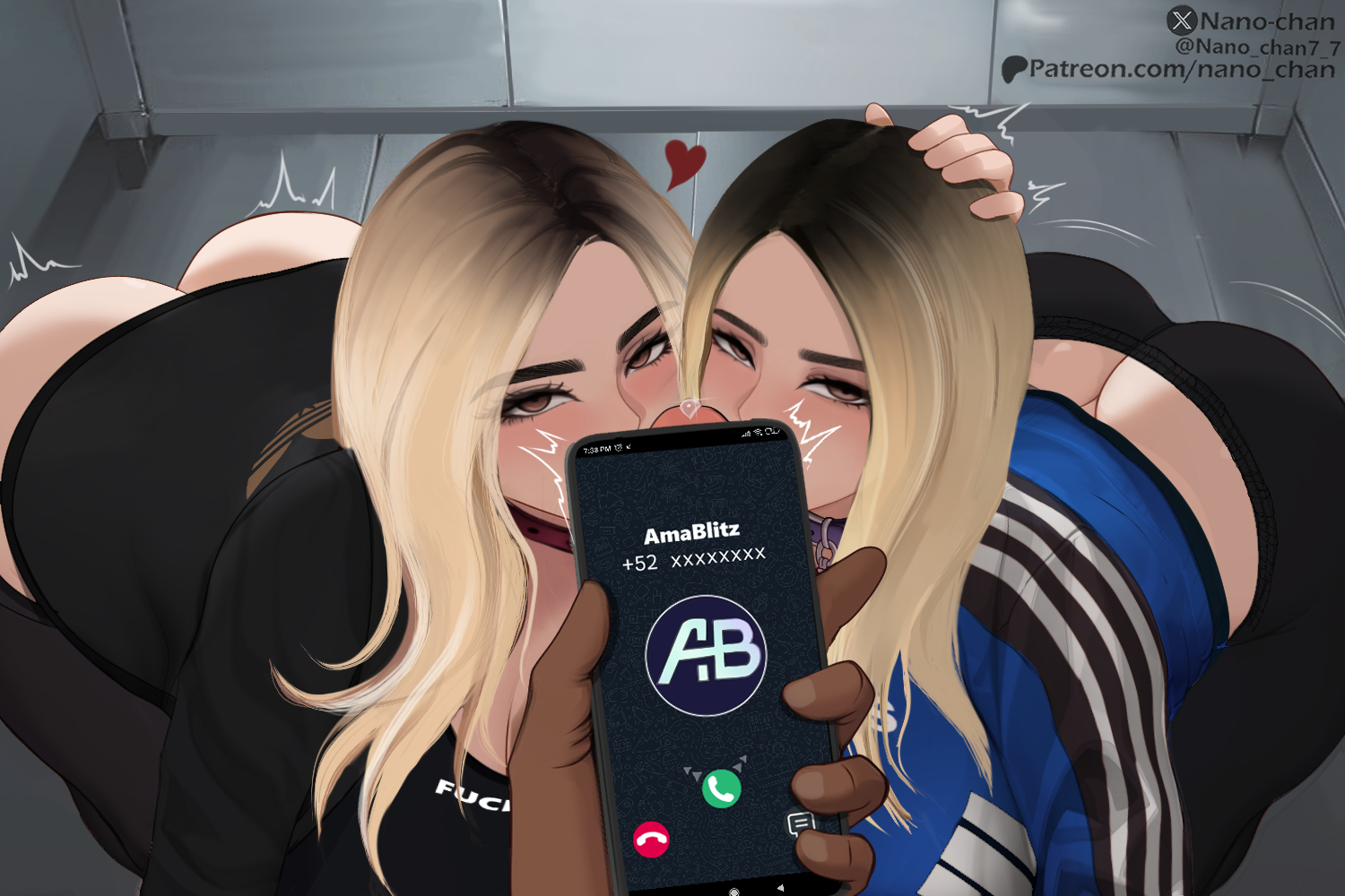 1boy, 2girls, amablitz, apple butt, arigameplays, assisted fellatio, big ass, blonde female, blonde hair, blonde-haired female, clone, clothed, dark skin, dark-skinned male, double fellatio, dyed hair, female, female focus, ffm threesome, implied fellatio, implied oral, implied sex, interracial, kneeling, light skin, light-skinned female, looking at viewer, male pov, mobile phone, nano-chan, phone, pov, twitch, youtube, youtube hispanic