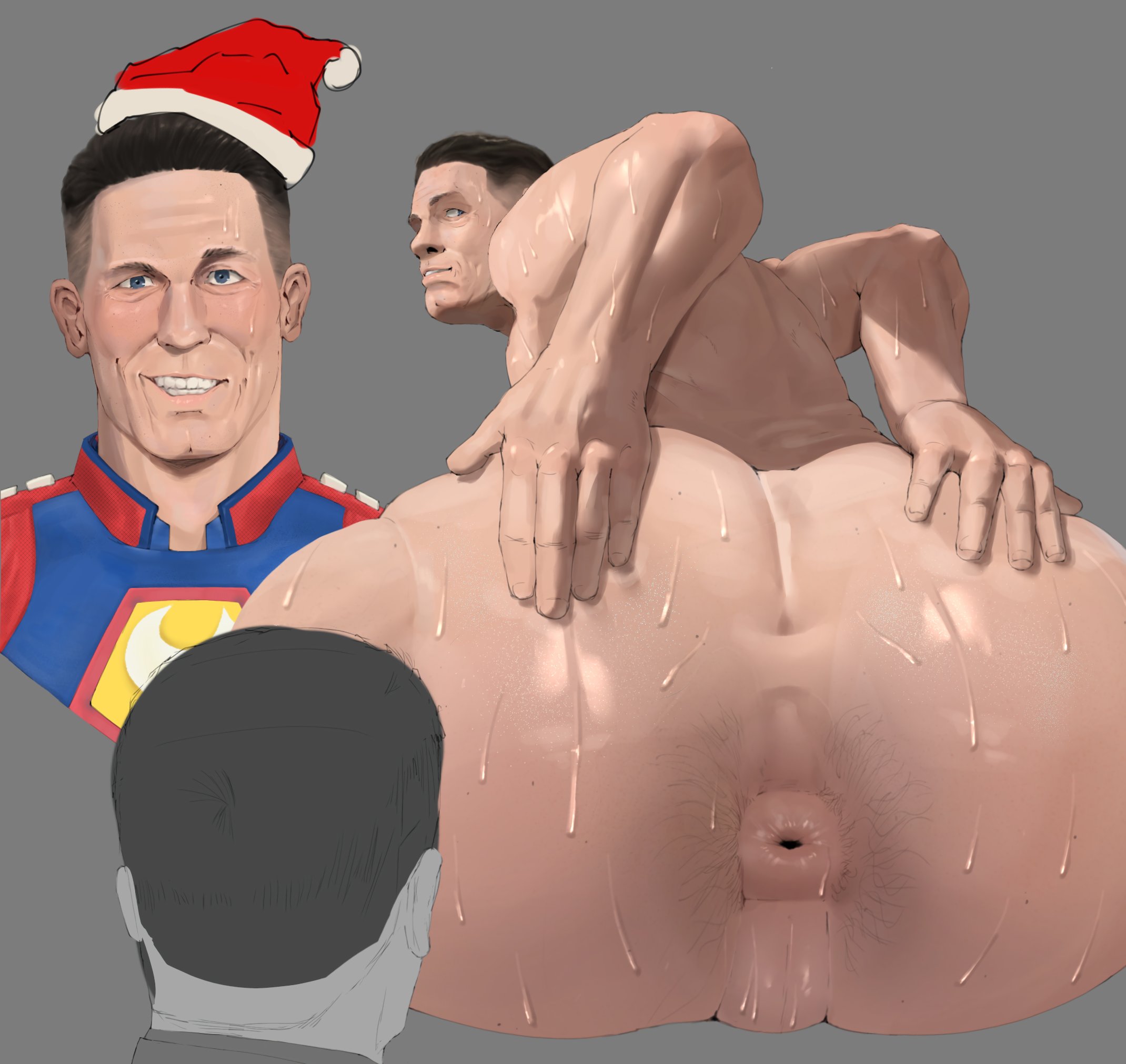 2025, 2boys, 2d, 2d (artwork), anus, ass bigger than head, bara, big ass, big butt, blue eyes, bubble ass, bubble butt, christmas, christmas hat, digital drawing (artwork), digital media (artwork), donut anus, gay, hands on ass, hands on own ass, human, john cena, light skin, light-skinned male, looking at viewer, looking back, male, male focus, male only, nude, nude male, paldraws, peacemaker (superhero), peacemaker (tv series), puffy anus, real person, santa hat, short hair, simple background, smile, smiling, smiling at viewer, spread ass, sweat, sweatdrop, sweaty ass, sweaty body, wip