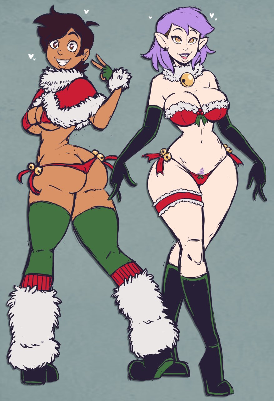 2girls, aged up, alternate breast size, amity blight, aroused, big ass, big breasts, big thighs, bikini, blush, breasts, brown hair, brunette female, brunette hair, christmas, christmas clothing, christmas outfit, crop top, curvaceous, curvy, curvy female, curvy figure, disney, disney channel, english text, female, female only, fit, fit female, highres, huge breasts, huge thighs, large ass, large breasts, latina, latina female, light skin, light-skinned female, luz noceda, medium breasts, medium hair, multiple girls, navel, panties, purple hair, purple hair female, santa bikini, santa costume, short hair, skirt, slim waist, sweat, sweating, tears, text, the owl house, thick thighs, thighhighs, thighs, violet hair, wide hips, wrenzephyr2