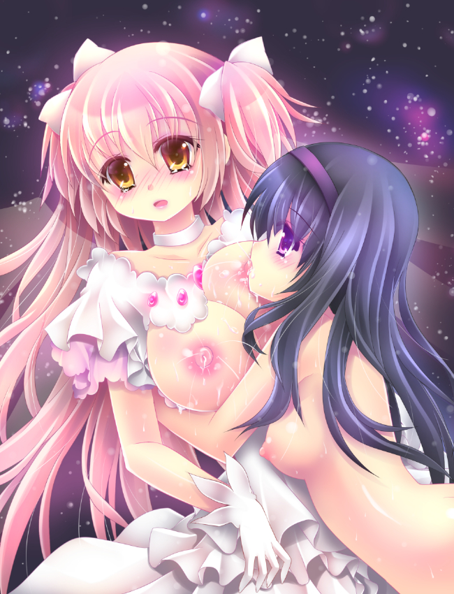 2girls akemi_homura breasts female human lactation madoka_kaname mahou_shoujo_madoka_magica multiple_girls nipples skf tagme yuri