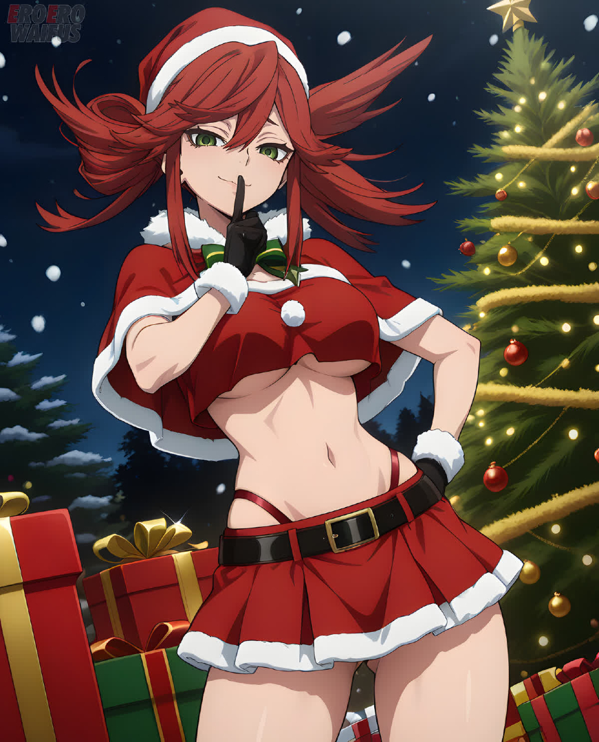 ai generated, athletic female, bare thighs, big breasts, christmas, eroero waifus, gachiakuta, green eyes, hair bun, huge breasts, huge thighs, large breasts, light skin, light-skinned female, long hair, looking at viewer, panties, red hair, riyou reaper, santa costume, santa hat, smiling, solo female, squatting, sweat, sweatdrop, thick body, thick female, thick thighs, thighs, voluptuous, voluptuous female