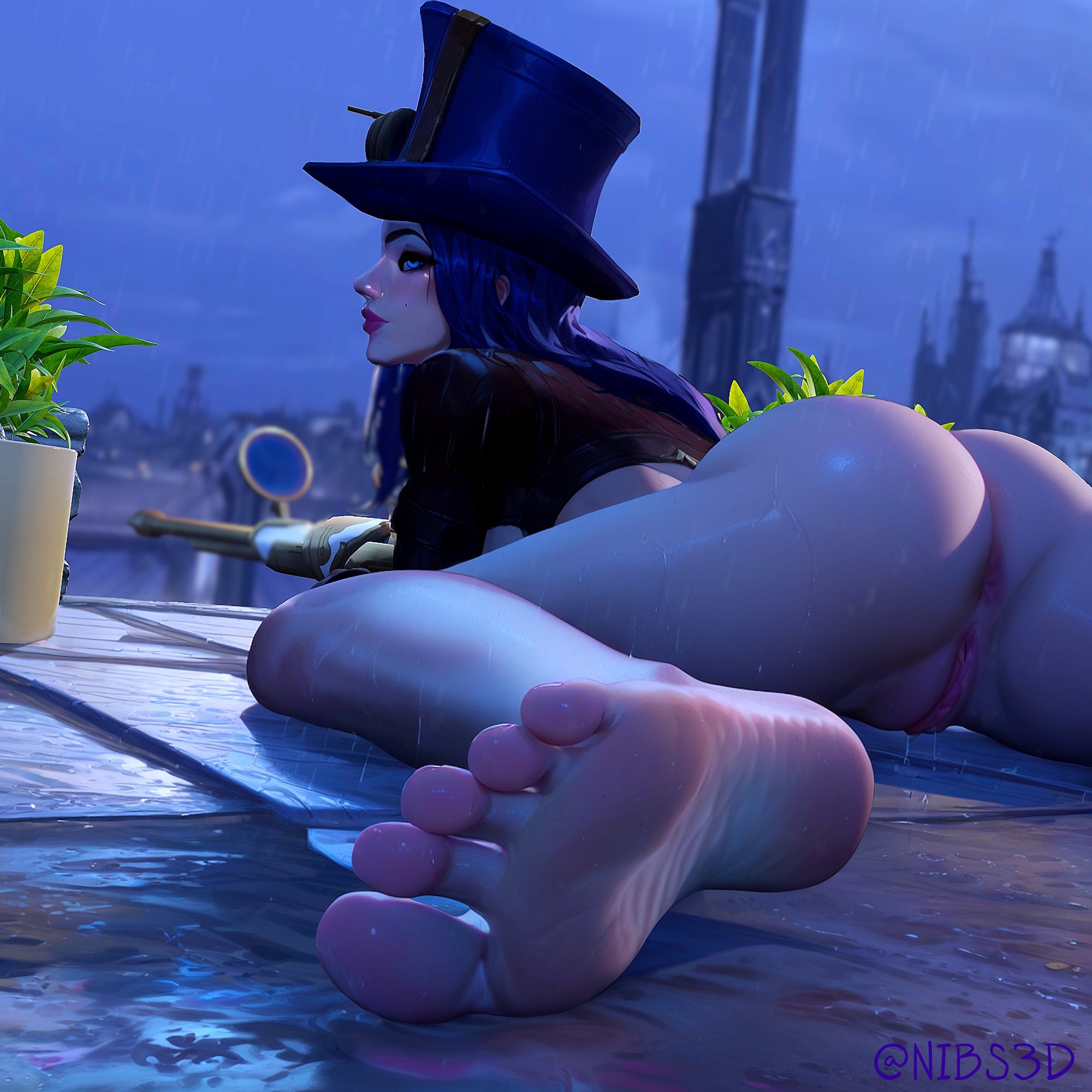 1girls, 3d, 3d (artwork), arcane, arcane caitlyn, ass, ass focus, blue hair, caitlyn kiramman, feet, female, female only, foot fetish, foot focus, genitals, hat, league of legends, long hair, looking back, nibs3d, outdoors, pussy, rain, raining, sniper, sniper rifle, soles, solo, solo female, solo focus, vagina, wet, wet body