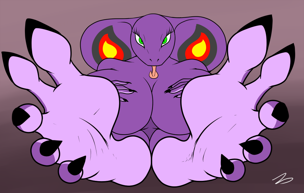 5_toes arbok big_breasts black_nails breast_fondling breasts claws eyelashes female fondling foot_focus forked_tongue green_eyes grey_markings hood huge_breasts long_tongue looking_at_viewer markings nintendo pattern pokemon presenting purple_skin red_markings reptile scalie sebrina_arbok snake soles solo toes tongue tongue_out video_games yellow_markings zp92