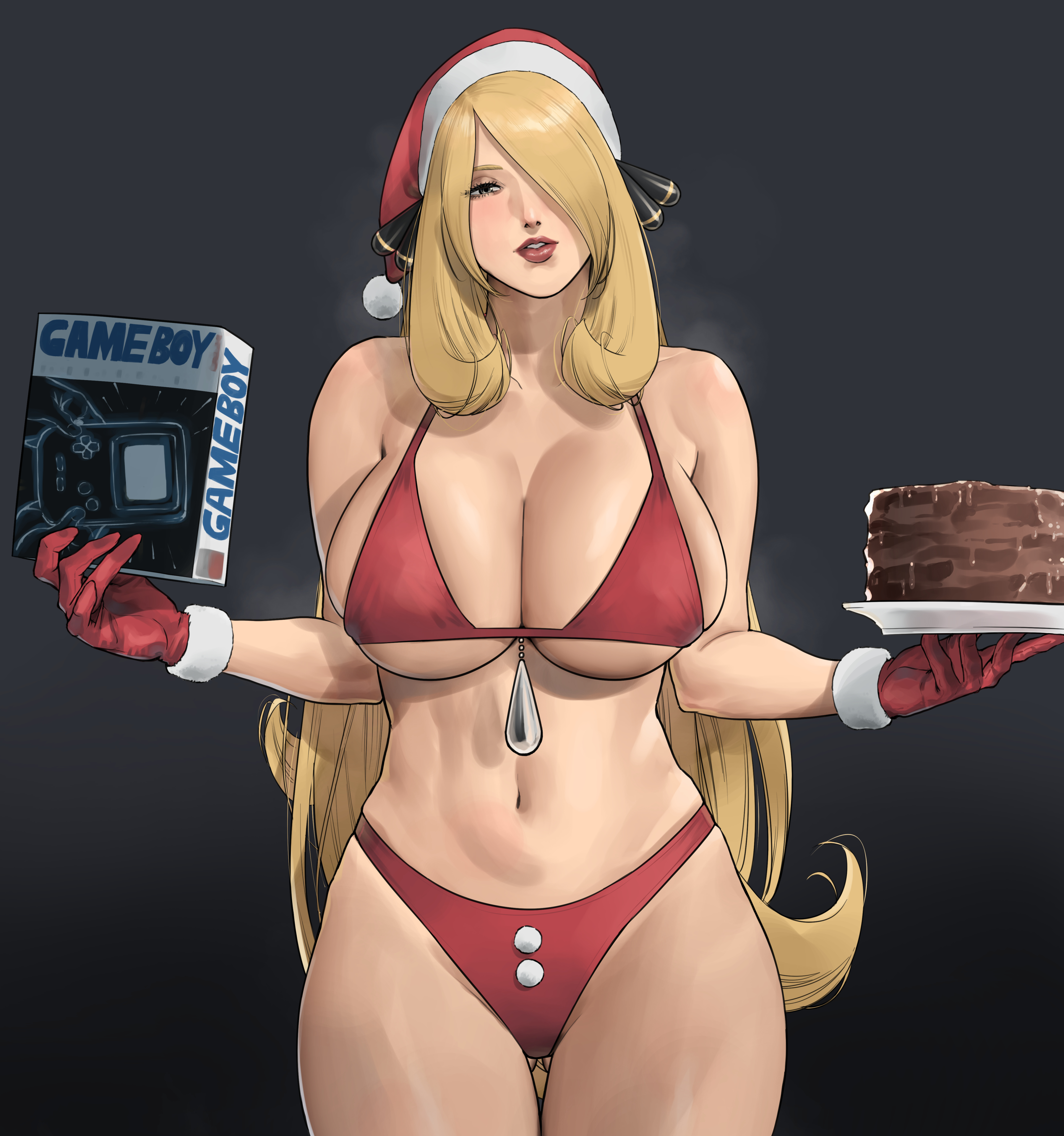1girls, big breasts, bikini, bikini bottom, bikini top, black eyes, blonde hair, bottomwear, breasts, cake, chocolate cake gameboy and me, christmas, christmas bikini, christmas hat, christmas outfit, cleavage, cynthia (pokemon), female, female only, food, game boy, game freak, gloves, hair, hair over one eye, handwear, hat, headwear, holding object, holding plate, huge breasts, lips, long hair, mature, mature female, mature woman, parted lips, plate, pokemon, pokemon dppt, red bikini, red gloves, santa hat, solo, solo female, steam, swimwear, topwear, wasabishouyu