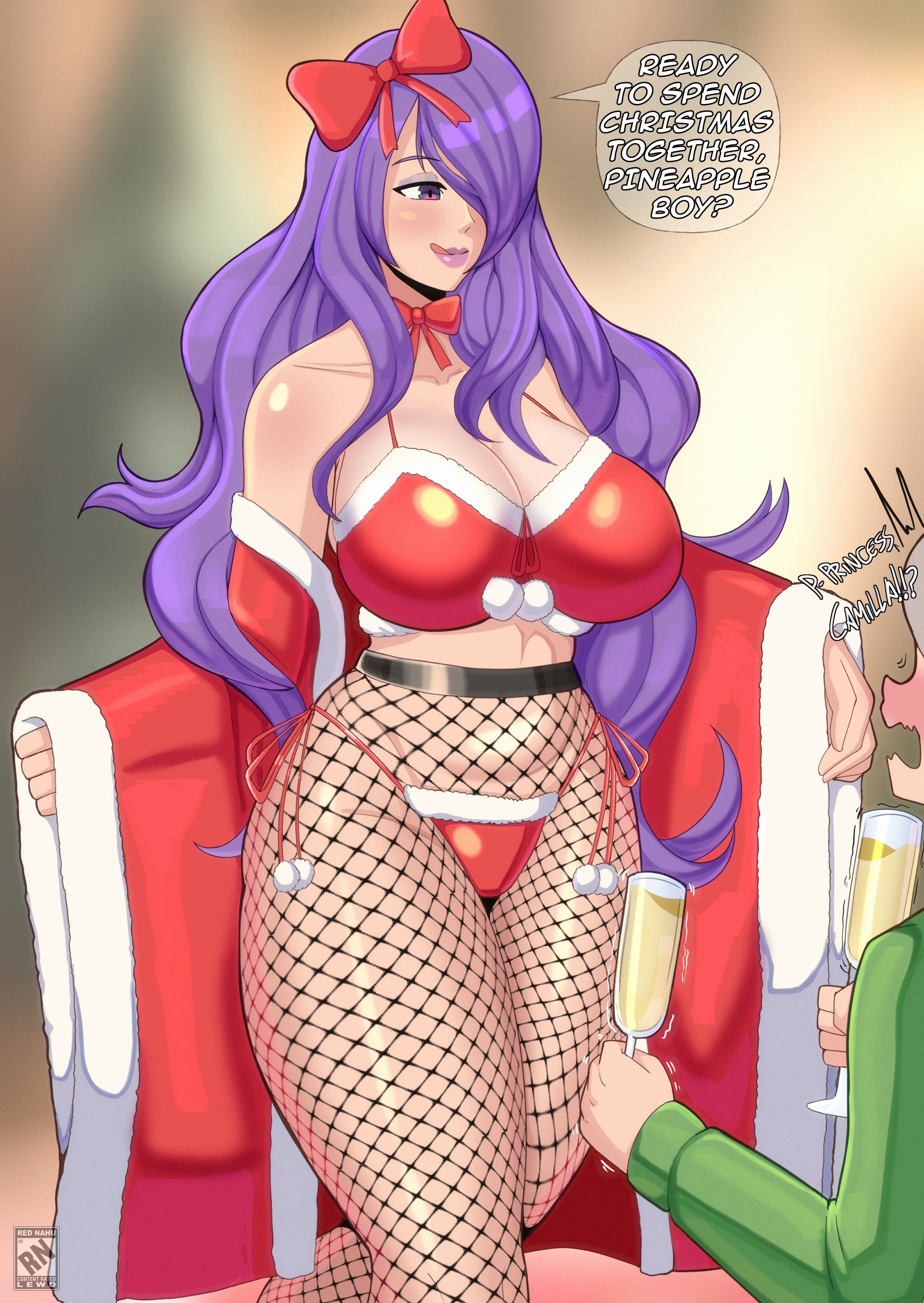 1boy, 1girls, absurd res, alluring, big breasts, blush, bow, camilla (fire emblem), caprednahu, christmas, cleavage, commentary, english commentary, english text, fire emblem, fire emblem fates, fire emblem warriors, fishnet thighhighs, fishnets, fur trim, gray hair, grey hair, hair over one eye, hairbow, high res, intelligent systems, lips, lipstick, long hair, makeup, nahusmash, nintendo, open mouth, purple eyes, purple hair, purple lips, purple lipstick, santa costume, speech bubble, stockings, takumi (fire emblem), very long hair, wavy hair