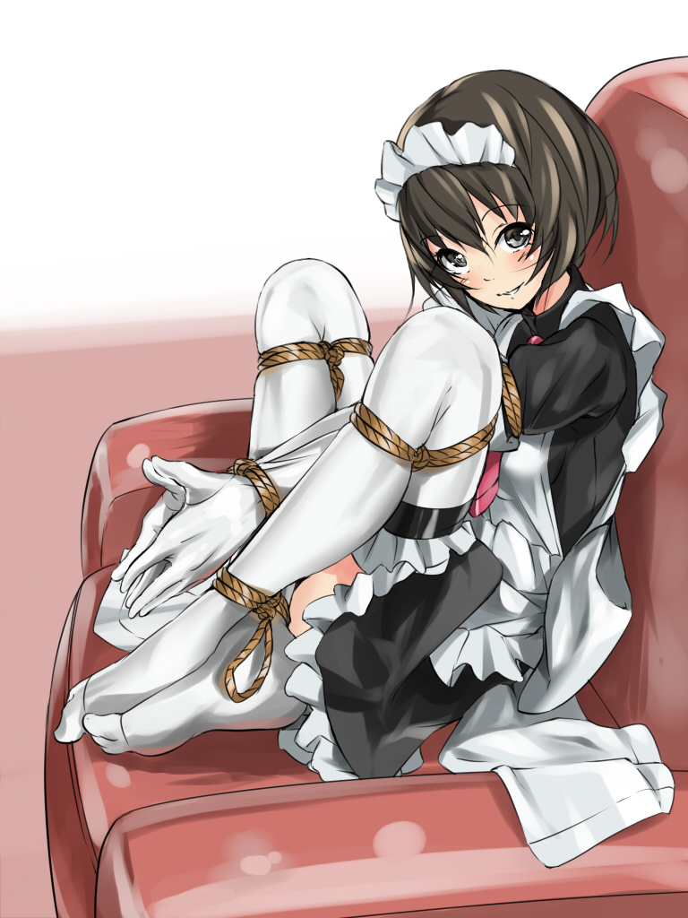1girls, bondage, bound, couch, female, female only, femsub, looking at viewer, maid, maimai11, rope, smile, thighhighs