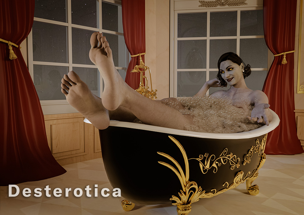 3d, alcina dimitrescu, barefeet, barefoot, bathroom, bathtub, bubble bath, convenient censoring, dest, desterotica, female, foot fetish, hairy, hairy pussy, resident evil, resident evil 8: village, smile, soles, soles fetish, taller female