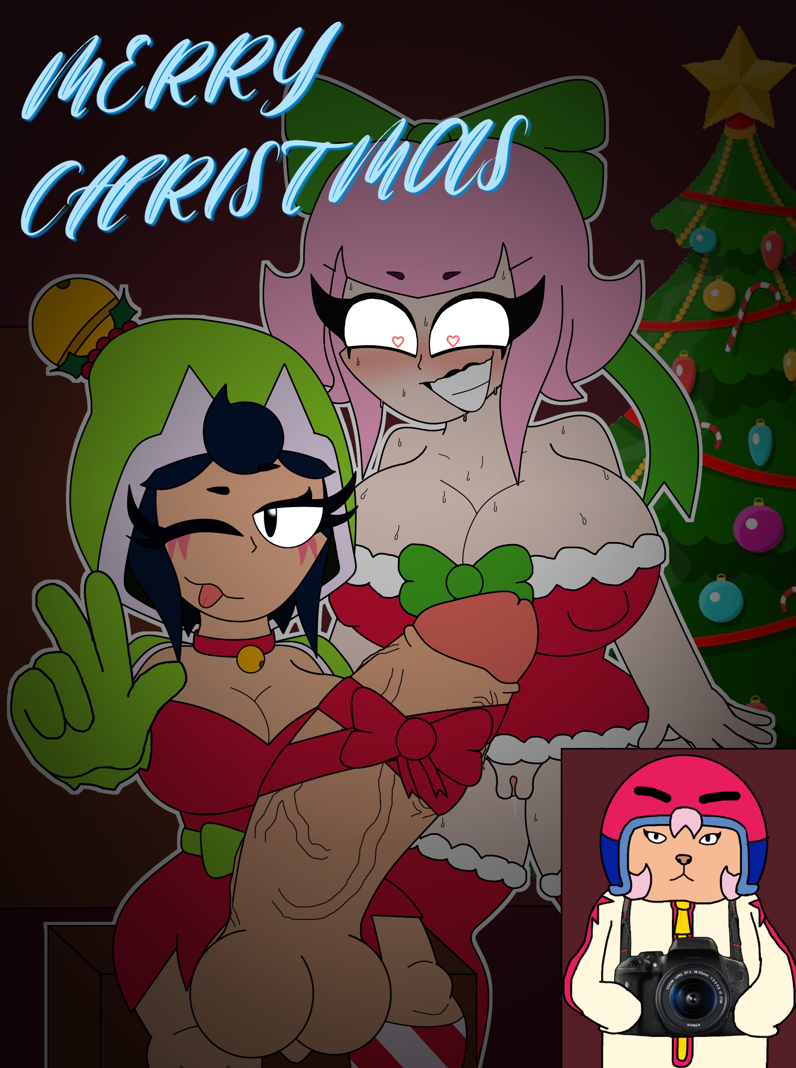 1futa, 1girls, big breasts, big penis, black hair, black lipstick, blush, blush face, blushing female, brawl stars, breasts, breasts bigger than head, choker, christmas clothing, christmas outfit, english text, female, futa on female, futa with female, futanari, gift, gift wrapped, intersex, janet (brawl stars), jolly janet (brawl stars), light skin, light-skinned female, lipstick, melodie (brawl stars), nude, nude female, penis, pink hair, presenting, pussy, stockings, sweat, sweaty, sweaty body, text, topwear, verdoshonsfw