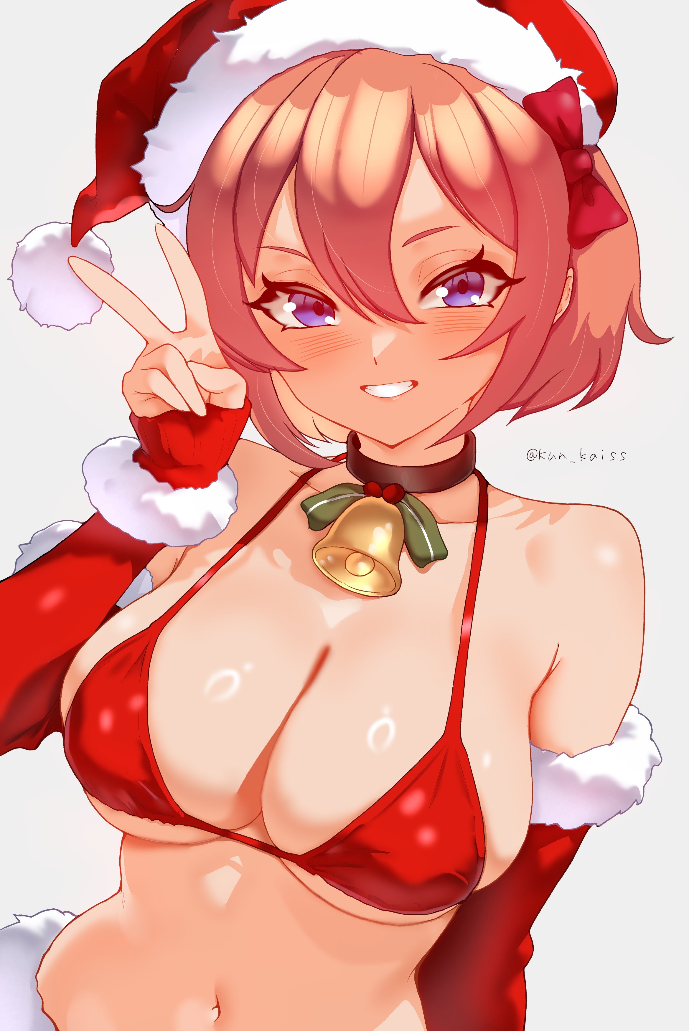 1girls, accessory, armwear, artist name, bell, bell choker, big breasts, bikini, bikini top, blue eyes, blush, bow, breasts, busty, choker, christmas, christmas clothing, christmas hat, christmas headwear, cleavage, clothed, clothing, coral pink hair, doki doki literature club, elbow gloves, female, female only, fingerless gloves, gloves, hair accessory, hair bow, hair ornament, hairbow, handwear, hat, headwear, holidays, kun kaiss, large breasts, light skin, light-skinned female, looking at viewer, navel, pink hair, red armwear, red bikini, red bikini top, red clothing, red topwear, santa hat, sayori (doki doki literature club), short hair, simple background, smile, smiling at viewer, solo, solo female, topwear, upper body, v, v sign, white background