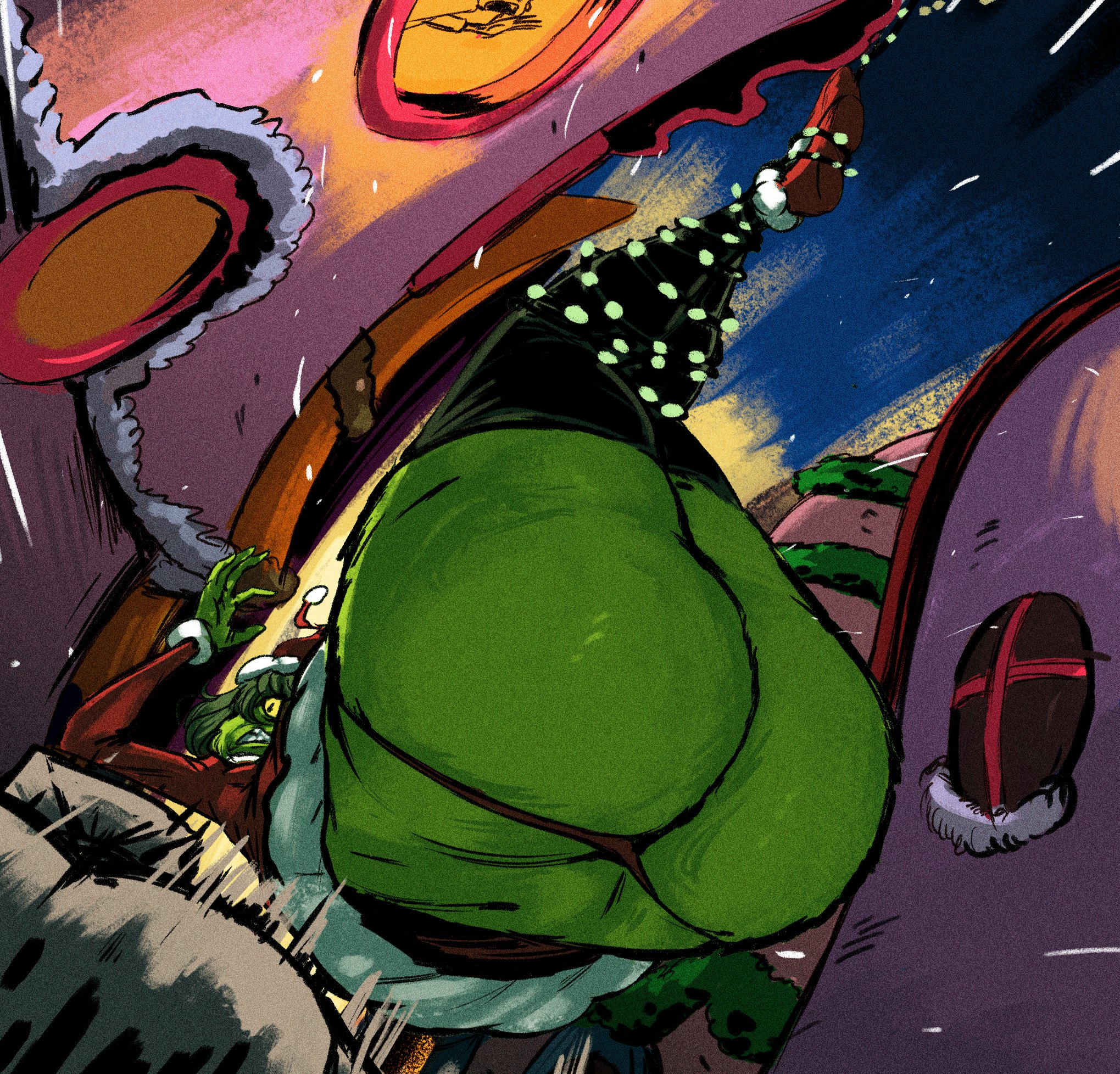 1girls, 2d, 2d (artwork), 2d artwork, accidental circumstance, ass, ass focus, big ass, big butt, black nose, bottom heavy, bottom heavy female, butt focus, child bearing hips, christmas, christmas lights, christmas outfit, chubby, chubby female, digital media (artwork), fat ass, fat butt, female, female focus, female only, genderswap (mtf), green body, green fur, green hair, green skin, grinch, hair, hips, hips wider than shoulders, how the grinch stole christmas, huge ass, huge butt, humanoid, legs bound, legs tied, legs tied together, legs up, night, night sky, non-human, outdoors, red thong, redblacktac, rule 63, santa costume, santa hat, shoulder length hair, snow, snowing, solo, solo female, tangled up, the grinch, the grinchess, thicc, thick, thick ass, thick thighs, thigh highs, thighhighs, thighs, thong, tied up, wide hips, yellow eyes, yellow sclera