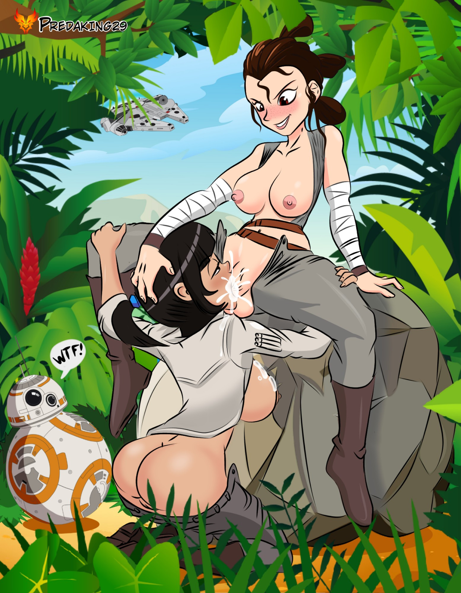 1girls, bb-8, blowjob, cum, cum in mouth, cum on breasts, droid (star wars), forced oral, futa on female, futanari, male, millennium falcon, predaking29, rey, rose tico, star wars