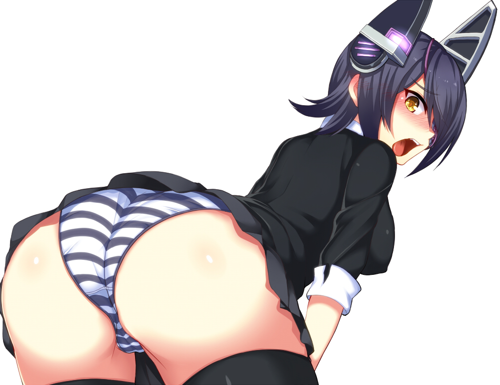 1girls ass bent_over blush breasts cameltoe dat_ass embarrassed erect_nipples female from_behind ginichi_(toot08) hair_over_one_eye headgear kantai_collection large_breasts nipples open_mouth panties pantyshot personification pokies purple_hair short_hair solo striped striped_panties tenryuu_(kantai_collection) thighhighs underwear yellow_eyes