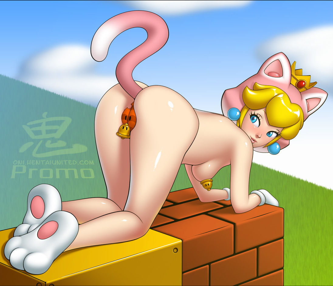 all fours, buttplug tail, cat girl, cat peach, catgirl, female, female only, human, mario (series), nintendo, nude, oni (artist), pasties, presenting, princess peach, solo, super mario 3d world