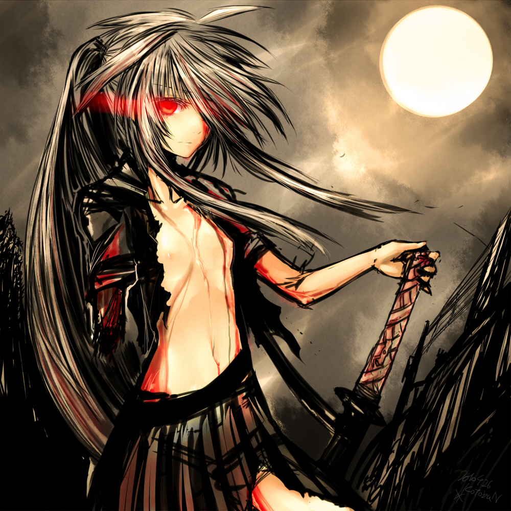 amputee blood brown_hair glowing_eyes kotoba_noriaki moon nichi_no_maru open_clothes open_shirt original ponytail red_eyes scar shirt sketch sword tied_hair torn_clothes weapon wind