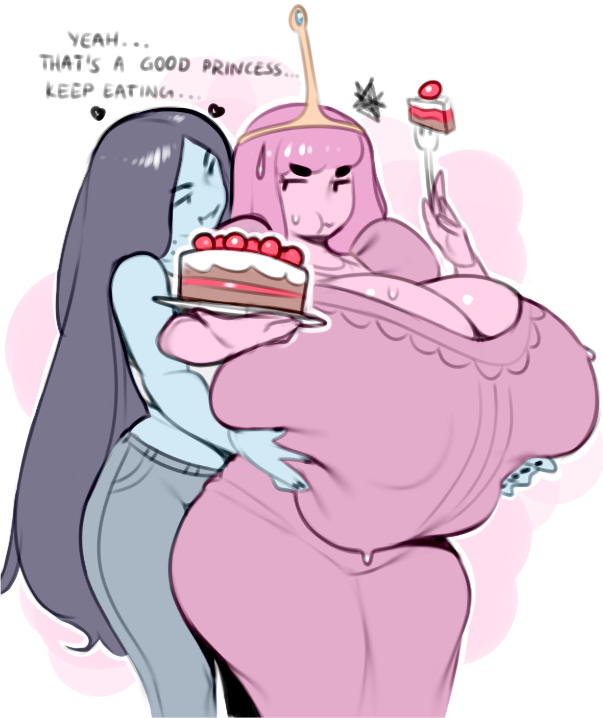 2025, 2d, 2d (artwork), 2d artwork, 2girls, adventure time, annoyed, annoyed expression, bangs, belly, big breasts, big hips, black body, black eyes, blue body, blue skin, breast grab, breast squeeze, breast squish, breasts, breasts bigger than head, breasts bigger than torso, cake, canon couple, cartoon network, child bearing hips, cleavage, clothed, clothed female, clothing, couple, crown, curvaceous, curvaceous female, curvaceous figure, curvy, curvy body, curvy female, curvy figure, curvy hips, dialogue, dress, duo, eating, eating food, english, english dialogue, english text, fat fetish, female, female only, fondling, fondling breast, gigantic breasts, grabbing, grabbing another's breast, grabbing breasts, grabbing from behind, huge breasts, huge hips, hyper, hyper breasts, large breasts, large hips, long hair, marceline, marceline abadeer, marceline the vampire queen, massive breasts, midriff, nipple bulge, nipples, onaeane, pale skin, pale-skinned female, pink body, pink hair, pink skin, plump, princess, princess bubblegum, royalty, slim, slim waist, smooth skin, stomach, straight hair, sweat, sweatdrop, sweating, sweaty breasts, text, thick, thick hips, thick thighs, thighs, tiara, vampire, vampire girl, very long hair, voluptuous, voluptuous female, waist, weight gain, weight gain female, weight gain kink, wide hips, yuri