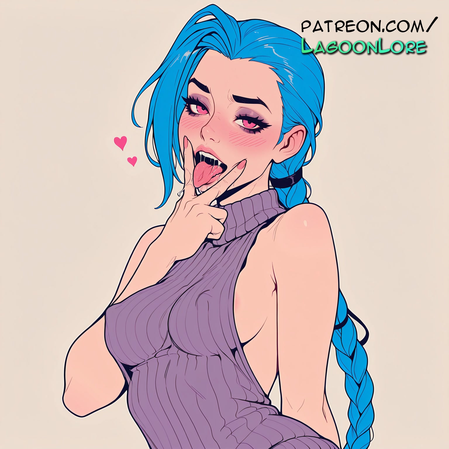 ai generated, artist name, average breasts, bare shoulders, blue hair, blush, braid, breasts, bust, chest, covered nipples, female, heart, hi res, highres, jinx (league of legends), lagoonlore, league of legends, long hair, looking at viewer, medium breasts, meme attire, normal breasts, patreon, patreon username, ribbed sweater, solo, sweater, symbol-shaped pupils, teeth, tongue, tongue out, turtleneck, very long hair, virgin killer sweater, watermark