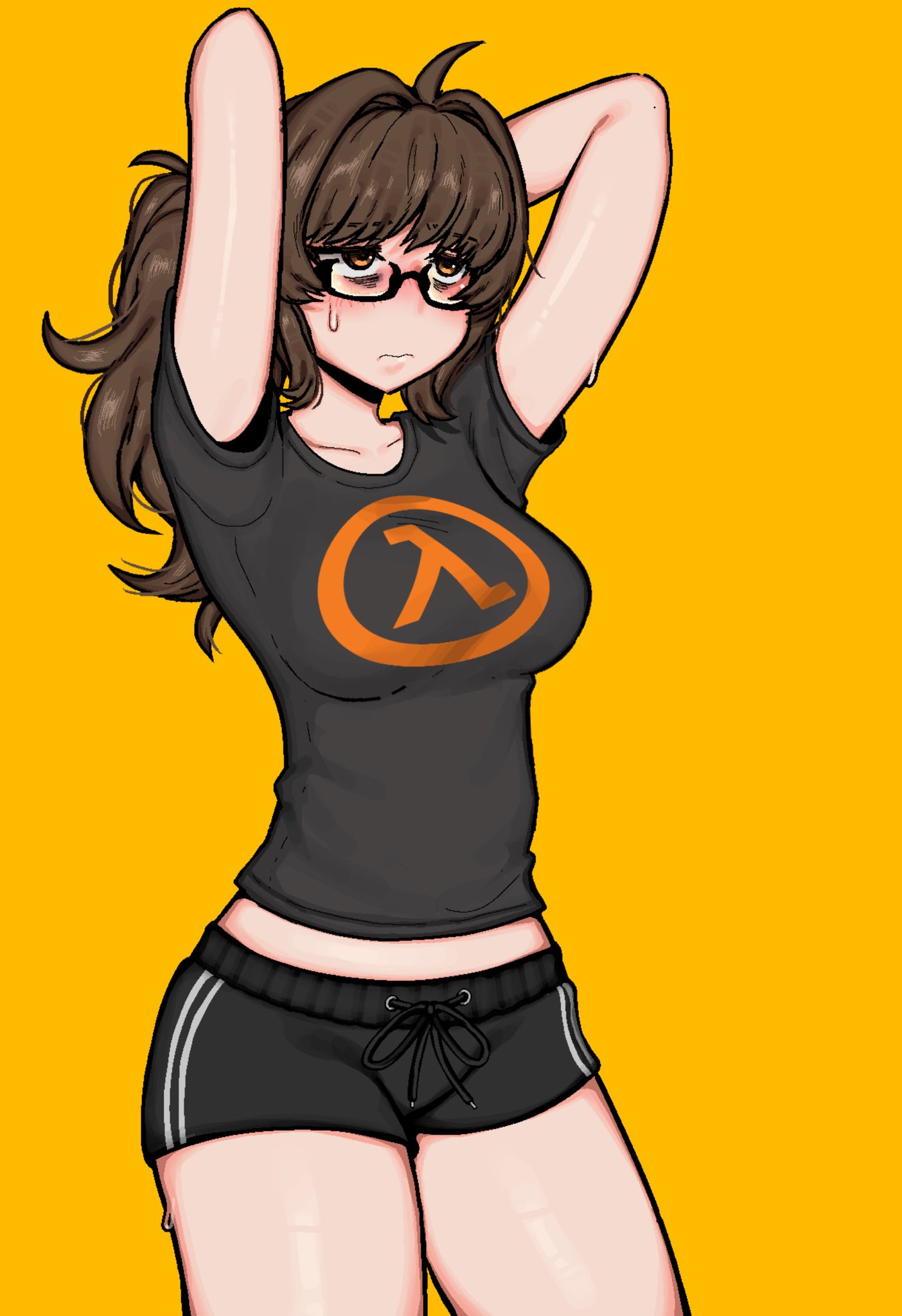 aki (04119 snail), cowboy shot, curvy, femcel, half-life (series), lambda symbol, neet, nerdy female, nervous, ponytail, snale (04119 snail), thick thighs, thighs