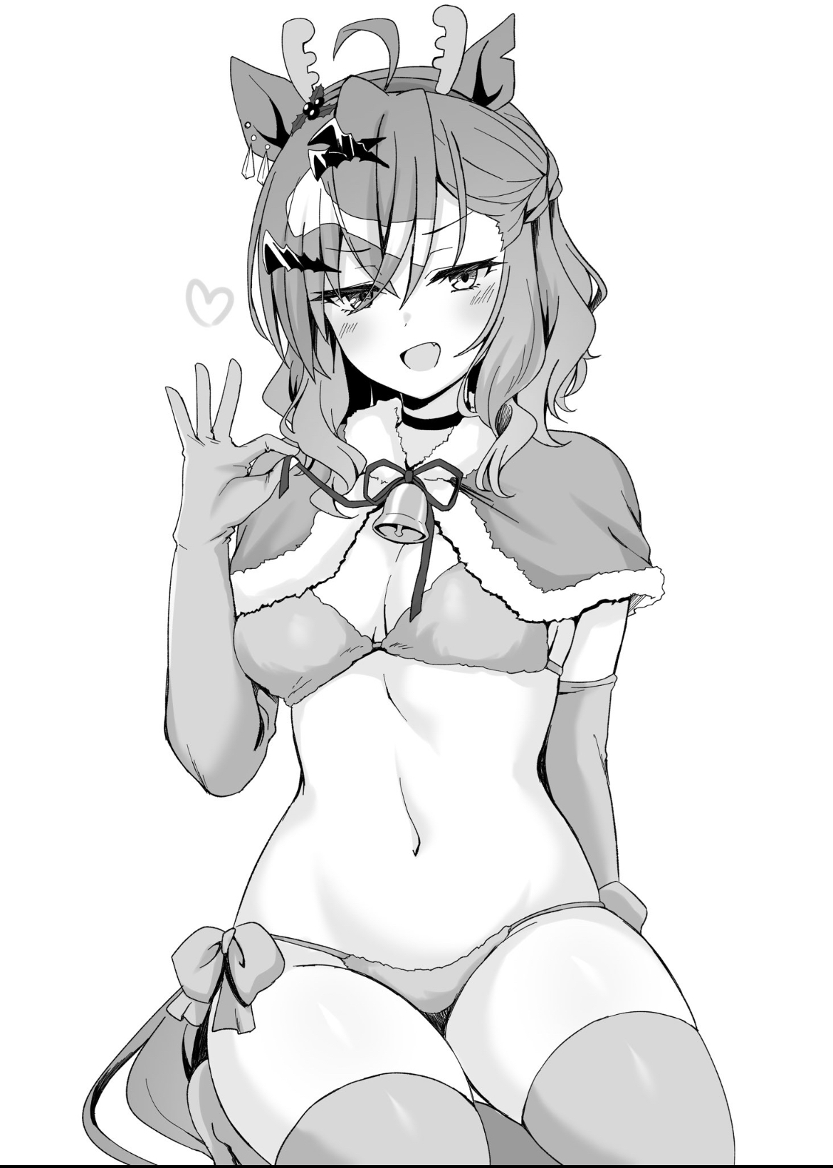 1girls, belly, belly button, bra and panties, braided hair, breasts, christmas, christmas outfit, cleavage, curves, curvy, curvy female, curvy figure, cute, cute face, cute female, deer ears, female, female only, heart, heart symbol, horse, horse ears, horse girl, horse tail, jingle bell, jungle pocket (umamusume), legs, medium breasts, medium sized breasts, nice body, nice tits, santa bikini, sanya gloves, sexy, sexy female, sexy pose, solo, solo female, thighs, tiny waist, tummy, umamusume, umamusume pretty derby, uncolored, waist