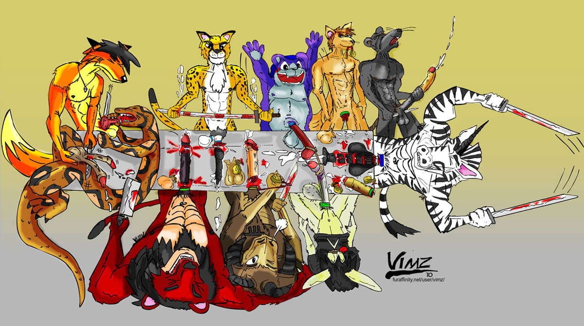 anthro blood bovine cattle chopping cum cumshot feline fur furry gore knife leopard lizard male mammal nightmare_fuel orgasm party penis rat reptile rodent scalie smile sword vimz weapon what