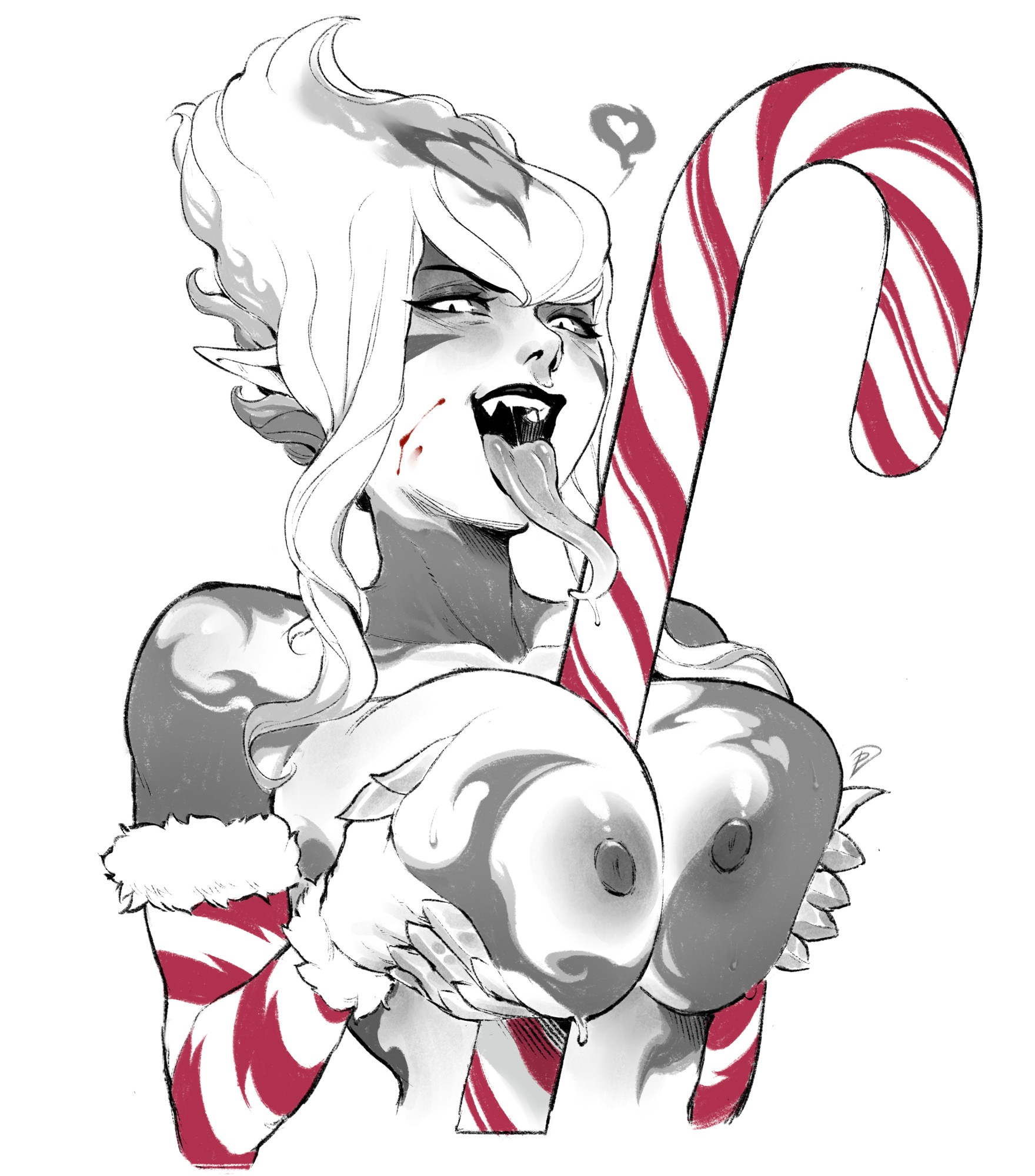 big breasts, blood stain, candy cane, christmas, double daggers, evelynn, female, league of legends, long tongue, object between breasts, riot games, tongue out