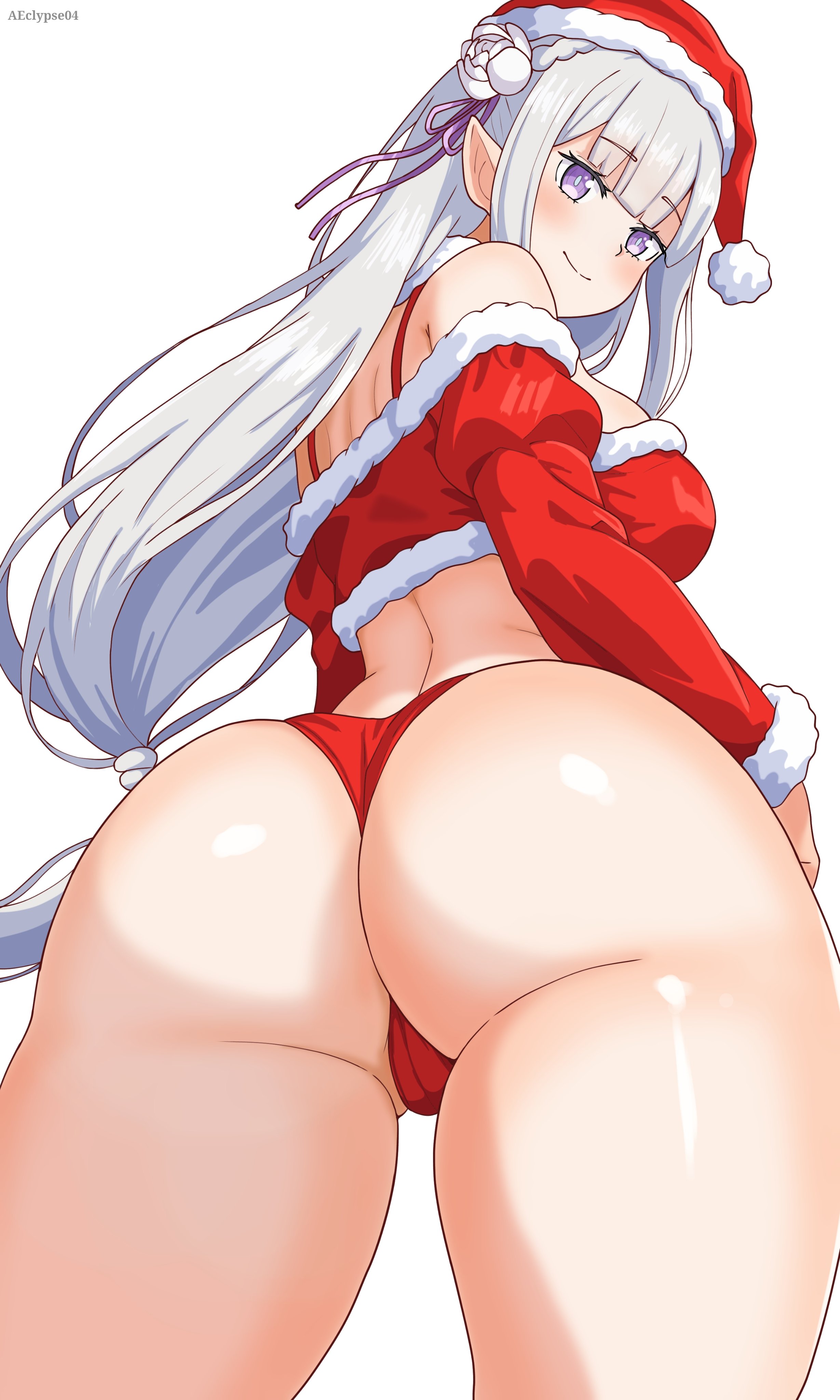 1girls, ass, ass focus, back view, butt, christmas clothing, christmas hat, christmas outfit, eclypse, elf, elf ears, elf female, emilia (re:zero), large ass, looking at viewer, looking back, low-angle view, panties, purple eyes, pussy, re:zero kara hajimeru isekai seikatsu, sideboob, silver hair, solo, standing, thick thighs, white background