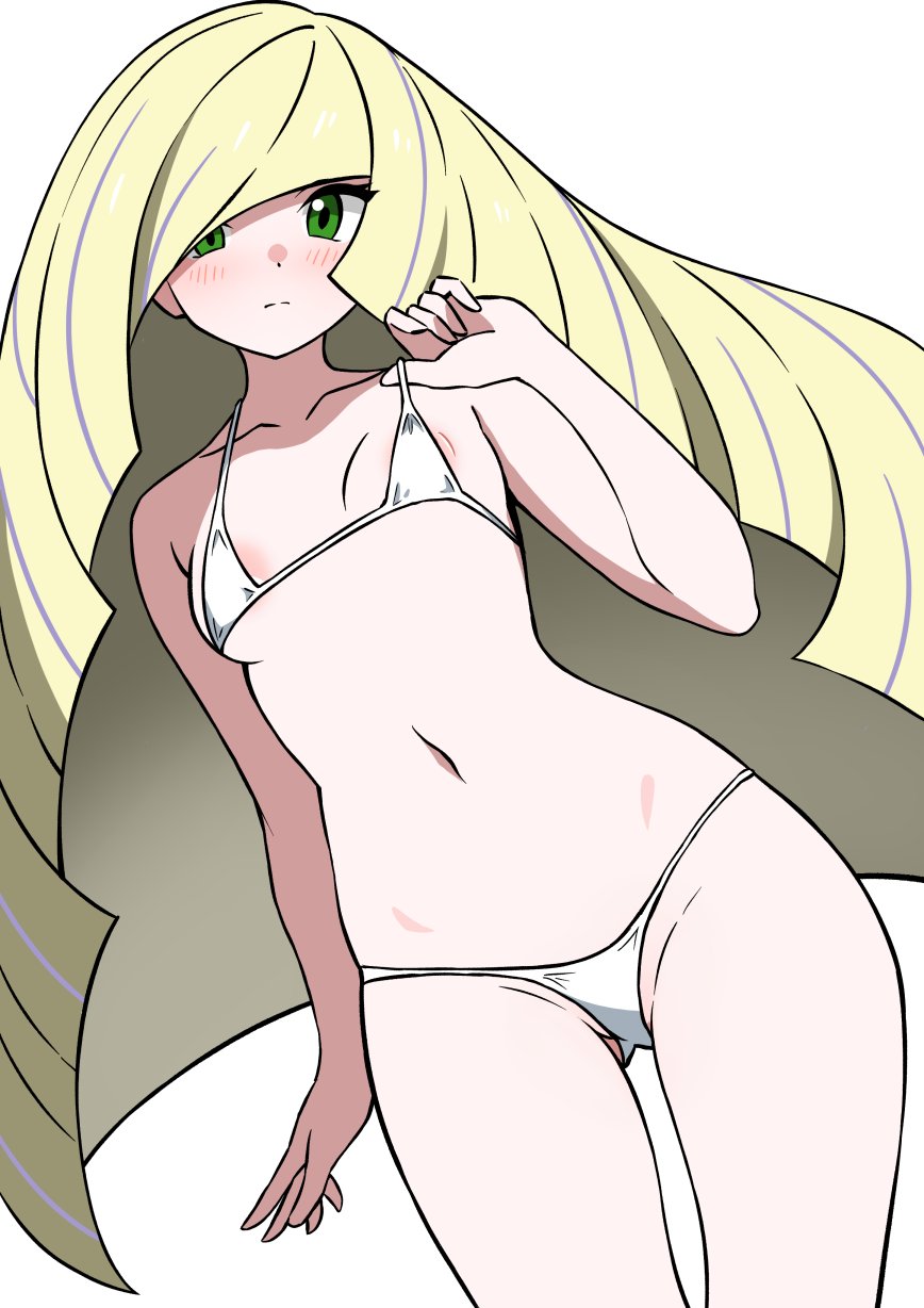 1girls, alternate version available, bikini, bikini bottom, blonde hair, blush, bottomwear, breasts, ecgg (tsuji418477), female, female only, game freak, green eyes, hair, hips, long hair, lusamine (pokemon), mature, mature female, mature woman, milf, mother, pokemon, pokemon sm, small breasts, solo, solo female, swimwear, thighs, topwear, very long hair, white bikini