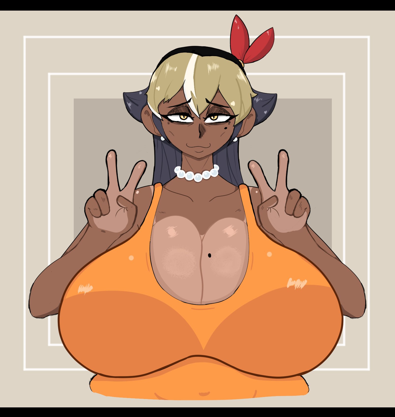 1girls, big breasts, breasts, cleavage, enormous breasts, female, female only, gigantic breasts, gilf, granny, grey hair, highlights (coloring), huge breasts, large breasts, massive breasts, oc, original character, peace sign, renee moreno, succ2, v, yellow highlights