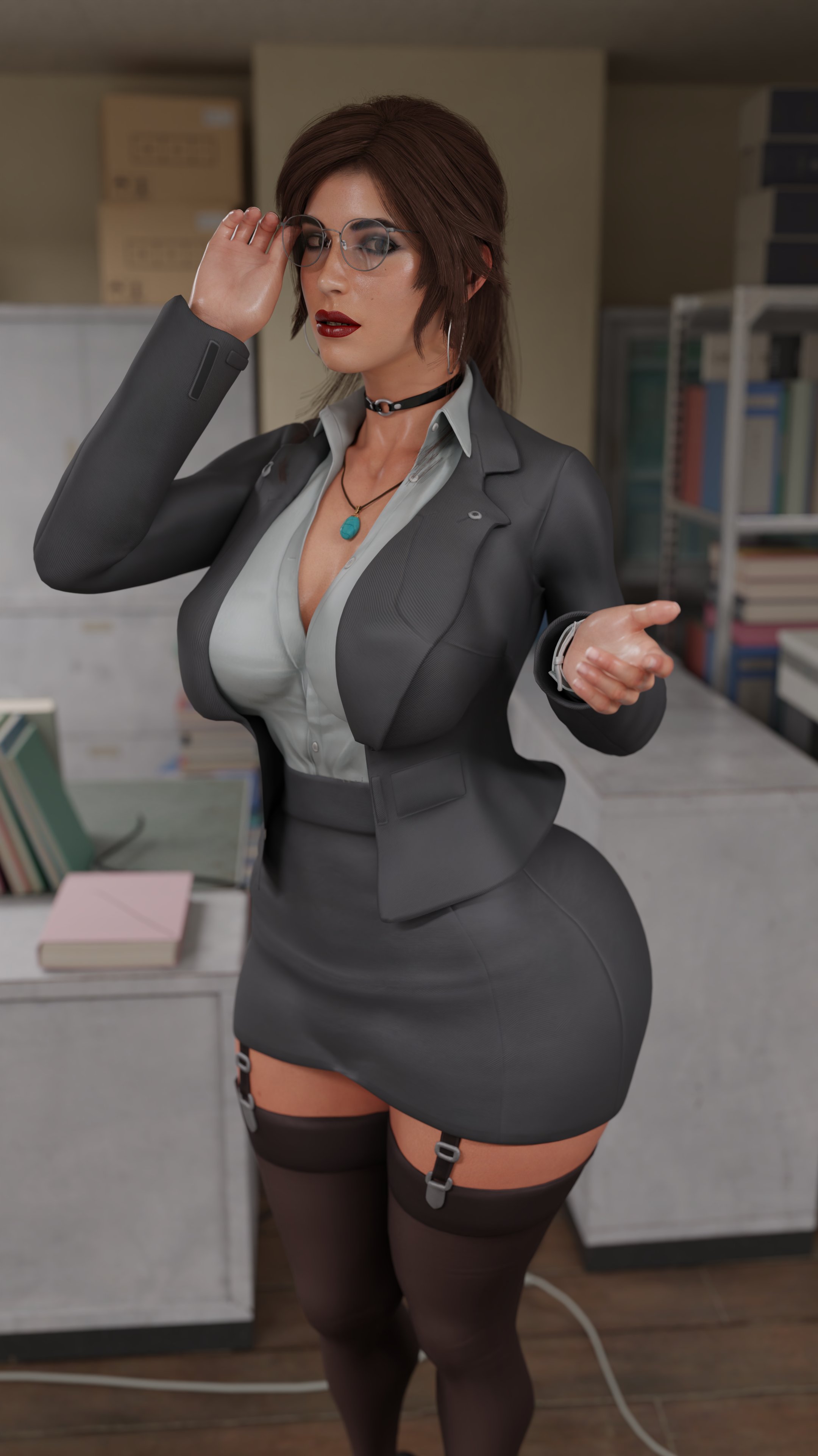 1girls, 3d, 3d (artwork), absolute territory, ass, big ass, big breasts, black stockings, breasts, brown eyes, brown hair, choker, curvy, curvy figure, earrings, fat ass, female, fully clothed, garter straps, garters, glasses, glistening skin, hourglass figure, lara croft, lara croft (survivor), lipstick, makeup, matching clothing, miniskirt, office clothing, office lady, ponytail, r3xstone, red lips, red lipstick, sheer stockings, skirt, stockings, thighhighs, tiny waist, tomb raider, tomb raider (survivor), voluptuous