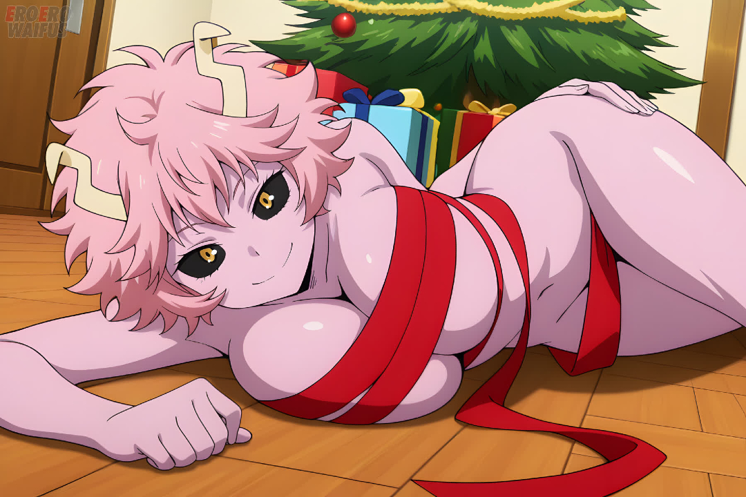 1girls, ai generated, antennae (anatomy), bare thighs, black eyes, boku no hero academia, christmas, eroero waifus, gift wrapped, gigantic breasts, huge breasts, huge thighs, looking at viewer, massive breasts, mina ashido, my hero academia, pink body, pink hair, pink skin, pink-haired female, short hair, smiling, solo female, squatting, sweat, sweatdrop, thick body, thick female, thick thighs, thighs, voluptuous, voluptuous female, wrapped, yellow pupils