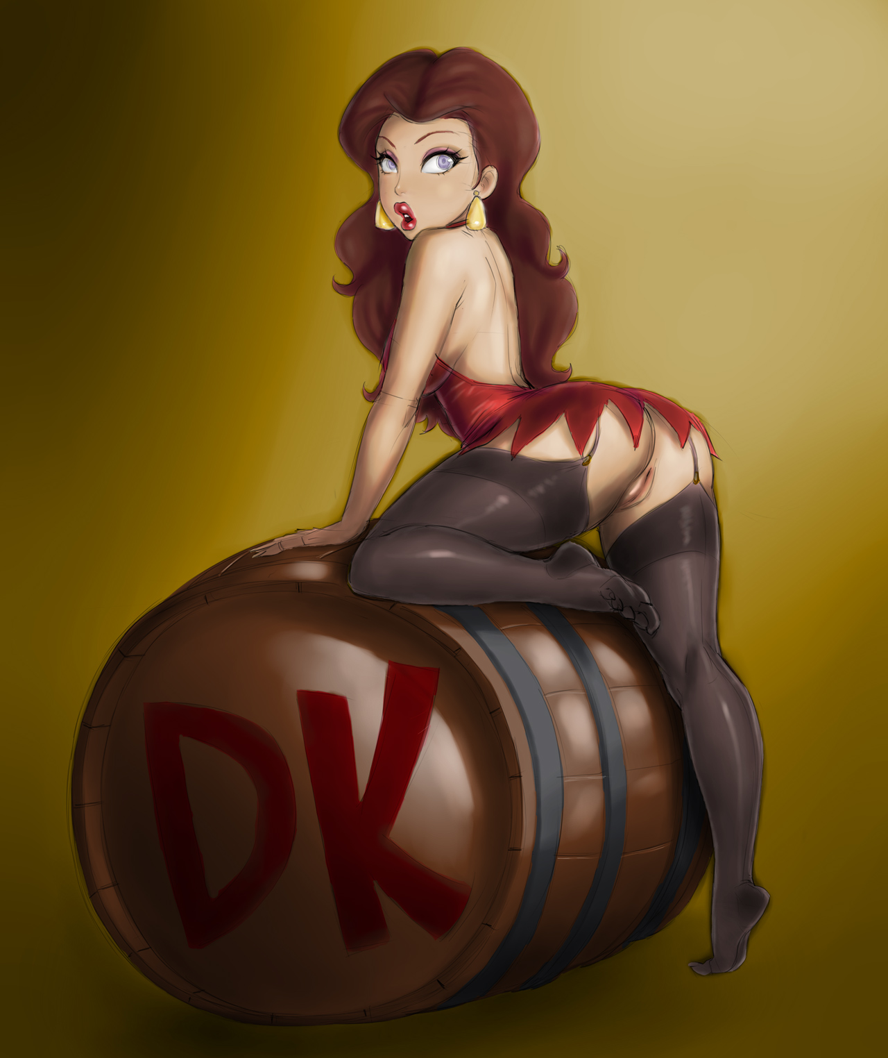 1girls, ass, barrel, bent over, breasts, brown hair, colored, donkey kong (arcade), donkey kong (series), dress, earrings, eyelashes, eyeliner, eyeshadow, female, garter belt, garter straps, leggings, legoman, lips, lipstick, long hair, looking back, makeup, mario (series), nintendo, no panties, open mouth, pauline, purple eyes, pussy, solo, stockings, thighhighs, voluptuous