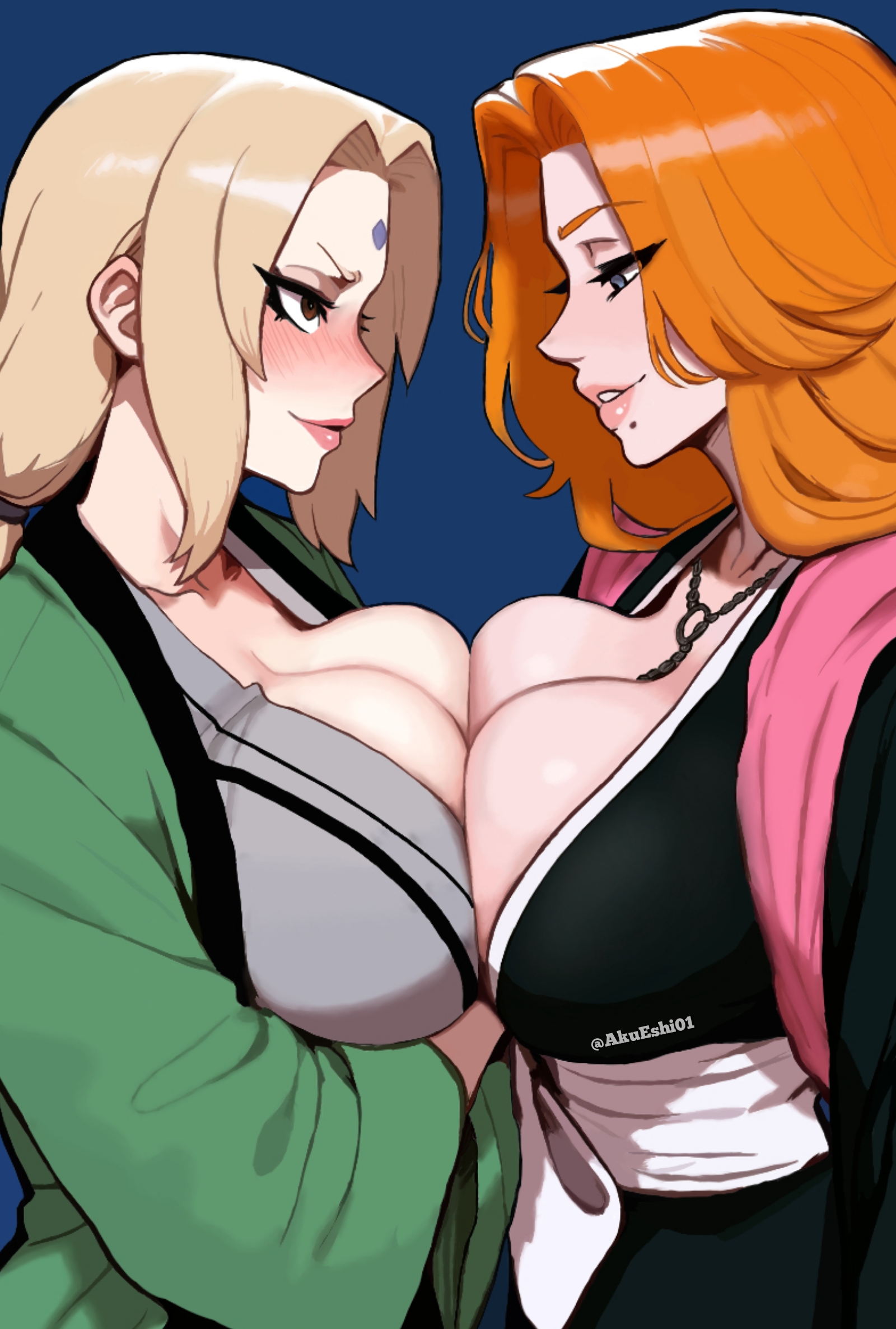 2girls, ai generated, akueshi, bleach, breast press, breasts squeezed together, cleavage, comparing breasts, huge breasts, kimono, large breasts, matsumoto rangiku, mature female, milf, naruto, naruto (series), naruto shippuden, pressing breasts, size comparison, tsunade