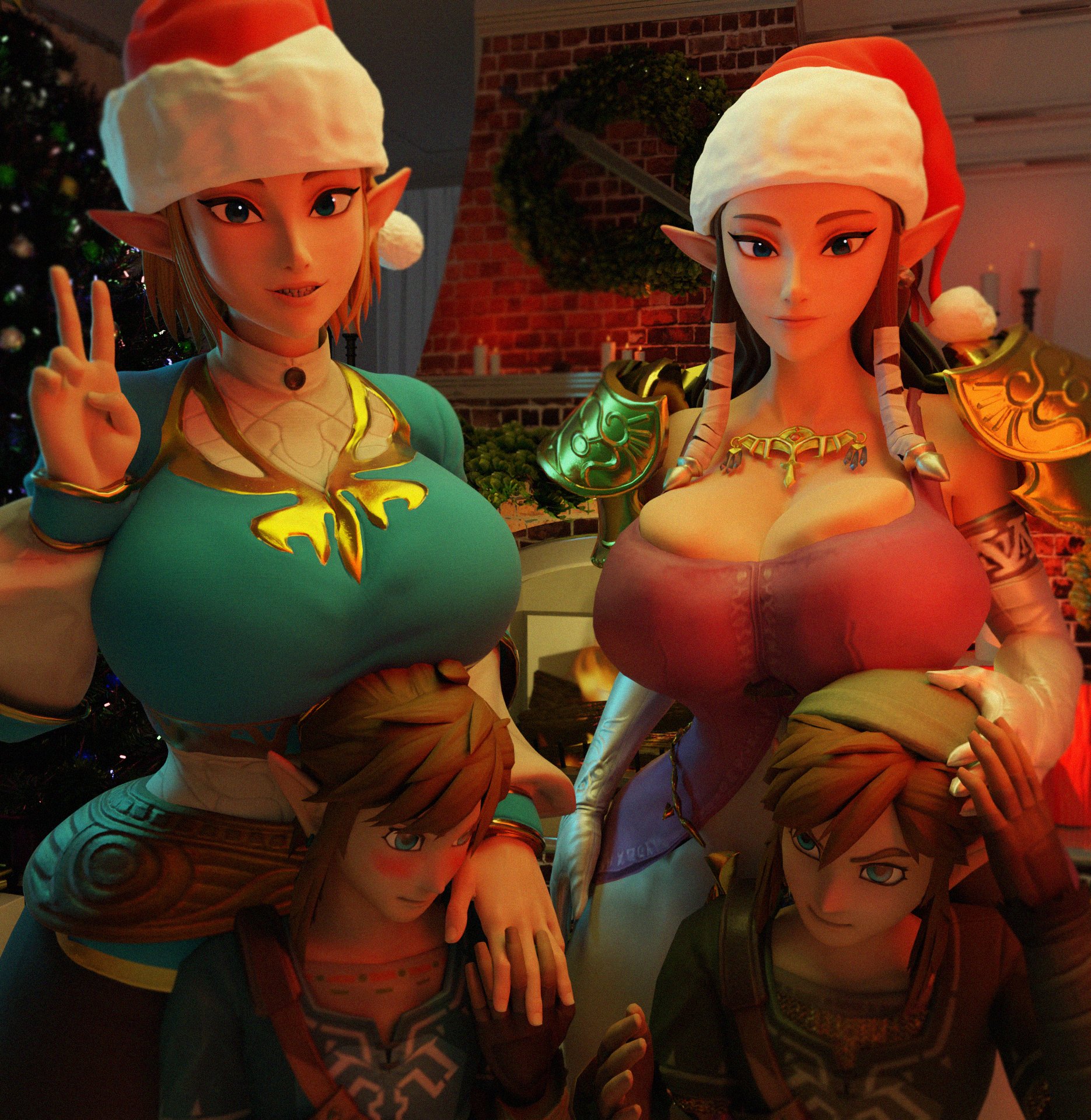 2boys, 2girls, 3d, 3d (artwork), big breasts, bigger female, blonde female, blonde hair, blonde male, blonde-haired male, breasts, christmas, clothed, clothed female, clothed male, height difference, huckleberry8181, in-franchise crossover, large boobs, large breasts, larger female, link, link (twilight princess), princess zelda, princess zelda (scrag boy), santa hat, scrag boy (model), shorter male, size difference, smaller male, square crossover, tears of the kingdom, the legend of zelda, twilight princess, video game character, zelda (tears of the kingdom), zelda (twilight princess)