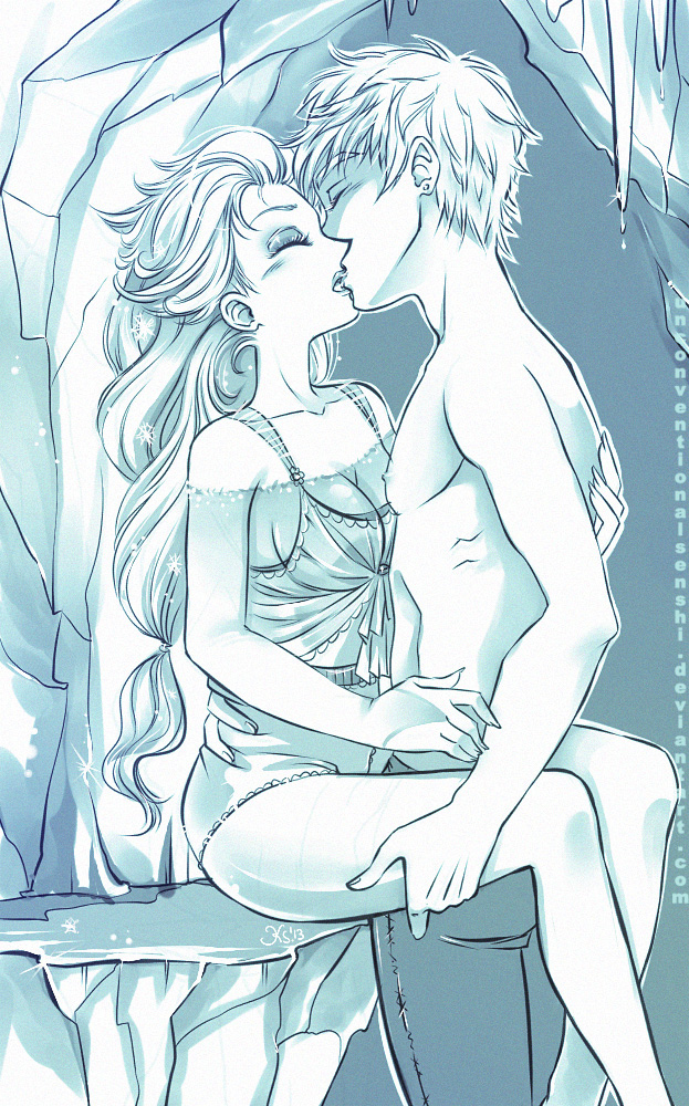 1boy 1boy1girl 1girls crossover disney disney_princess dreamworks elsa_(frozen) fanon_couple female frozen_(film) human jack_frost jack_frost_(rise_of_the_guardians) jelsa kiss kissing light-skinned_female light-skinned_male lingerie long_hair male male/female monochrome passionate rise_of_the_guardians shirtless straight unconventionalsenshi