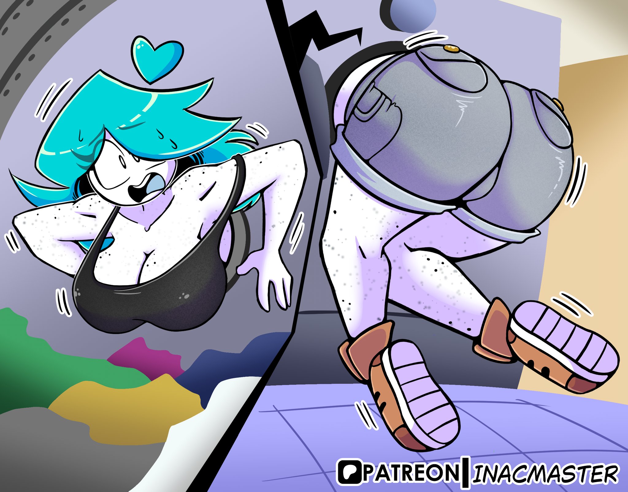 big ass, big breasts, blue hair, cleavage, inacmaster, nerida (inacmaster), shorts, stuck, washing machine