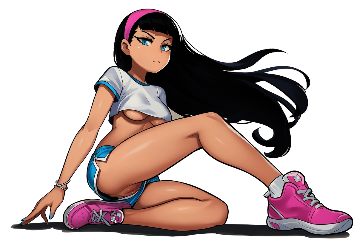 ai generated, athletic female, black hair, blue eyes, blue nails, blue shorts, bracelet, cookie-girl, crop top, determined, female only, gym clothes, gym shorts, long eyelashes, pink hairband, pink shoes, pussy peek, the fairly oddparents, trixie tang, underboob, white background, white shirt