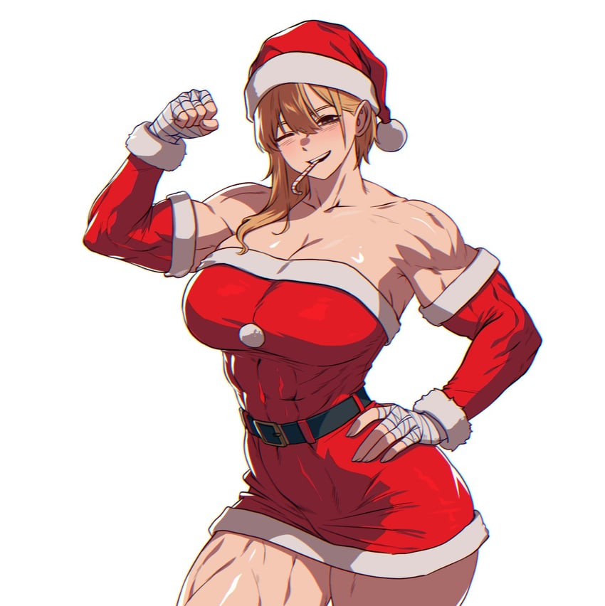 1girls, abs, bandaged wrist, bandages, bare shoulders, bell (spoiledmuffin), belt, black belt, blonde hair, breasts, brown eyes, candy, candy cane, christmas, christmas outfit, cleavage, covered abs, dress, female only, flexing, hand on hip, hat, large breasts, muscular, muscular female, muscular thighs, one eye closed, original, red dress, santa costume, santa hat, sleeveless, sleeveless dress, solo, solo female, spoiledmuffin, thick thighs, thighs