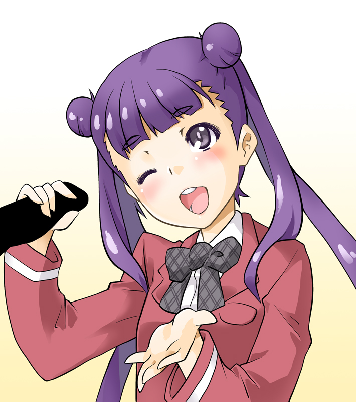 blush censored clothing double_bun female grey_eyes handjob komadori_renge long_hair long_sleeves open_mouth penis purple_hair school_uniform sekai_seifuku:_bouryaku_no_zvezda smile solo_focus straight ta_ki teeth tied_hair twintails wink