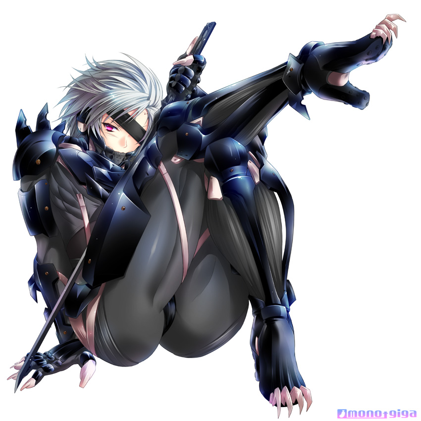 ass bandage_over_one_eye barurai bodysuit claws cyborg eye_patch high_heel_boots high_heels konami male metal_gear metal_gear_rising ninja pink_eyes raiden raiden_(metal_gear) silver_hair simple_background sitting skin_tight solo sword weapon