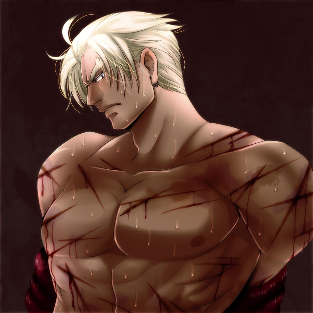 1boy bara blonde_hair blood cuts dark_skin gamagoori_ira hair_down injury ira_gamagori kill_la_kill male male_only muscle muscles nanaco7co shirtless solo sweat tied_up