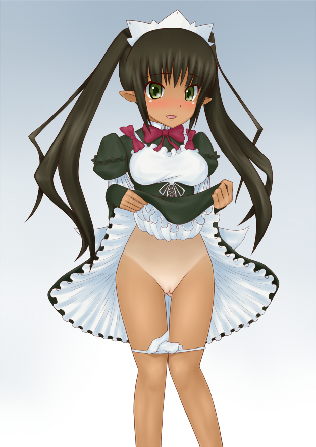 black_hair blush bow criet_tredis female green_eyes long_hair lotte_no_omocha! maid maid_headdress one-piece_tan panties panty_pull pussy skirt skirt_lift solo tan tanline tied_hair toe_fu twintails uncensored underwear white_panties