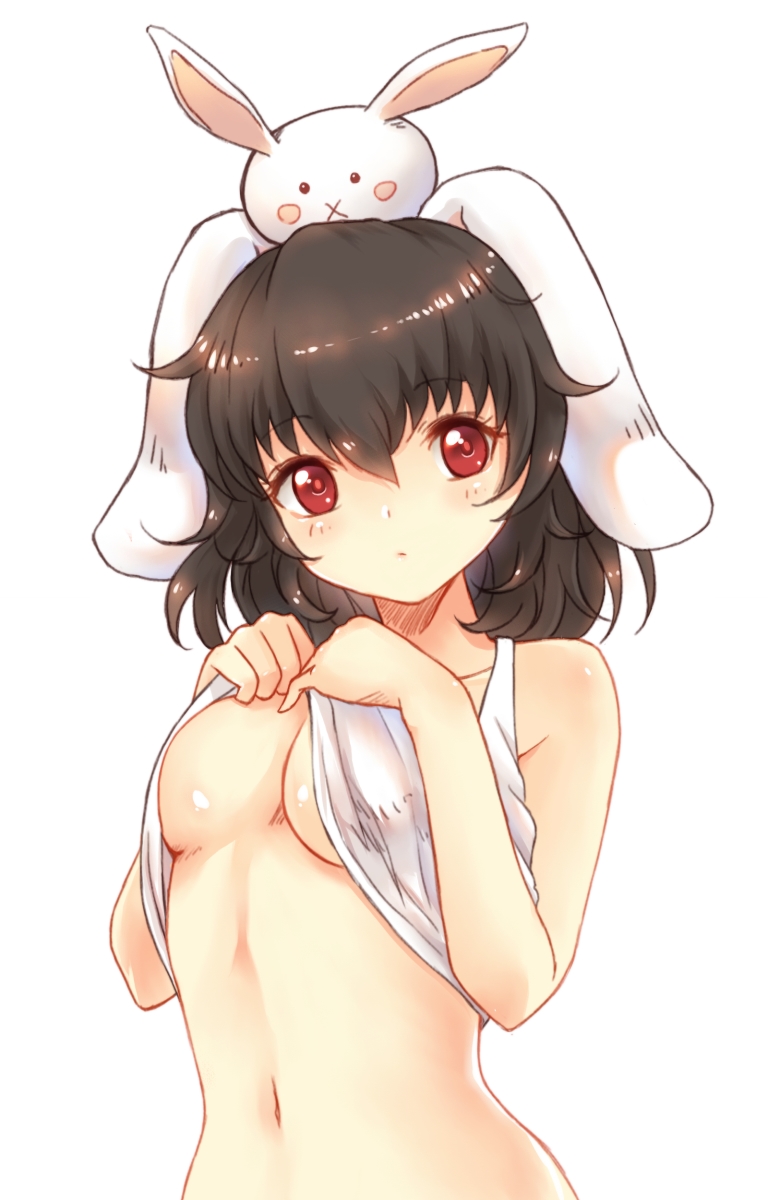 animal_ears animal_on_head black_hair blush breasts bunny bunny_ears female highres looking_at_viewer navel red_eyes shirt_lift short_hair simple_background solo tewi_inaba touhou white_background x&x&x