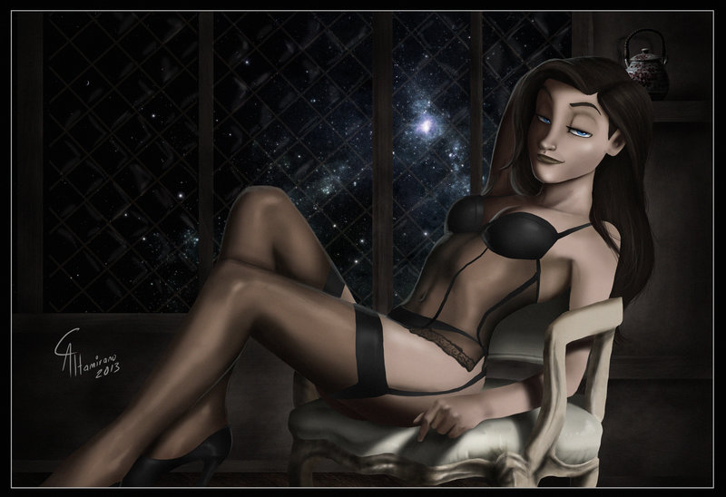 blue eyes, camusaltamirano, disney, female, female only, high heels, human, lingerie, looking at viewer, sarah hawkins, solo, stockings, treasure planet
