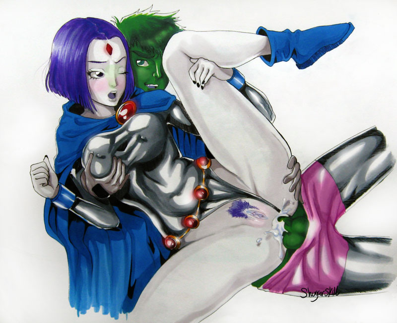 anal anal_sex beast_boy cum cum_in_ass cum_inside dc_comics female green_skin grey_skin hetero leotard leotard_aside pubic_hair rachel_roth raven_(dc) sex shugarskull straight_hair teen_titans wince