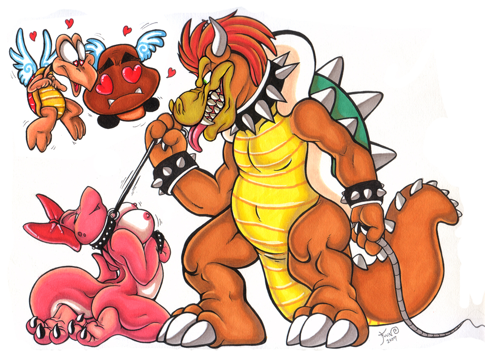 1girls 2007 2d artist_request birdo bondage bowser breasts female goomba leash mario_(series) multiple_boys nintendo no_humans paragoomba paratroopa straight_hair